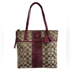 Coach monogram shoulder bag with raspberry python and patent leather trim
